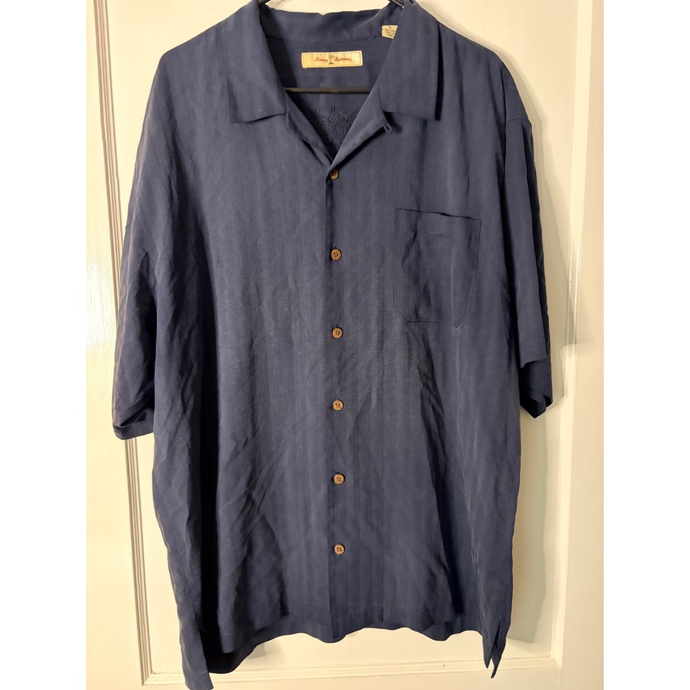 Tommy Bahama Mens XL Silk Short Sleeve Button Down Shirt Navy Blue Pineapple